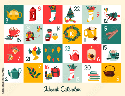 Illustration de Noël pour calendrier de l'avent, cases numérotées avec des décorations, cadeaux, sapin de Noel, tasse de thé, chocolat chaud, guirlandes et couronne