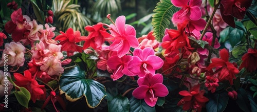 lush green garden vibrant tropical flowers bloomed their stunning colors of pink and red contrasting against the leafy background creating a beautiful floral display that epitomized the tim