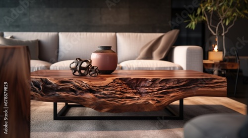 Live Edge Wooden Coffee Table Against Textile Sofa