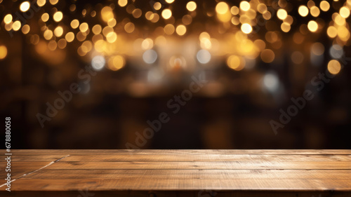 Wooden Table Elegance, Golden Bokeh in Restaurant Space