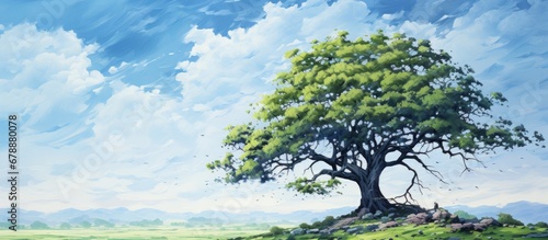 In the midst of a serene landscape a verdant tree stood tall its branches stretching towards the clear blue sky painting a beautiful natural picture in shades of green yellow and blue