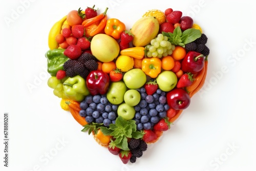 colorful heart shaped arrangement of fresh fruits and vegetables on white background   top view
