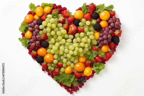 Wholesome heart shaped fruit and vegetable arrangement on white background, top view perspective