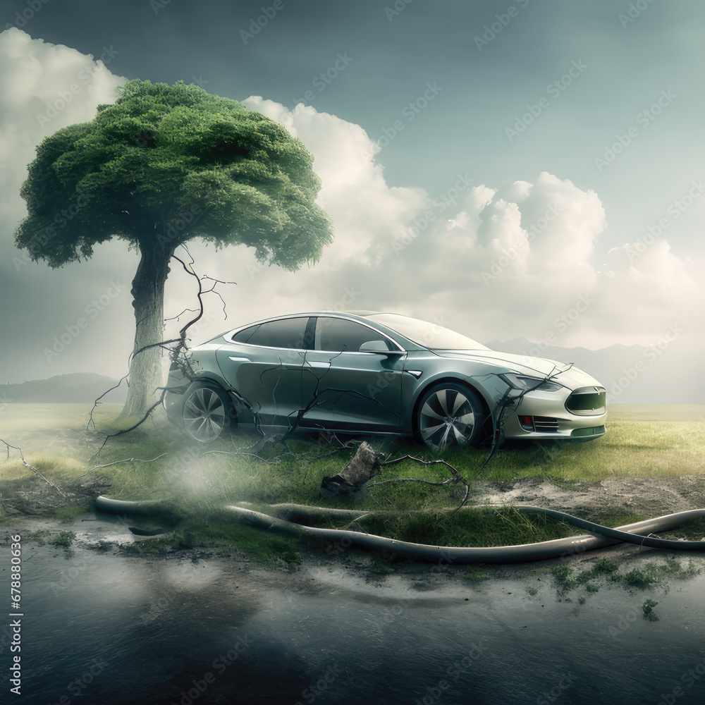 Fotografie verhicle, car next to a tree clouds in background