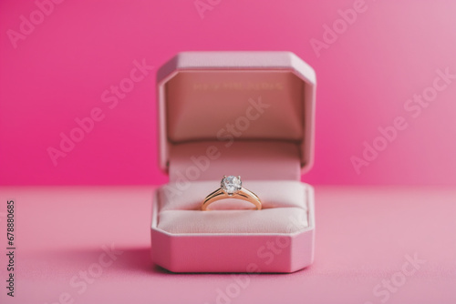 A pink gift box and engagement gold ring on a pink background