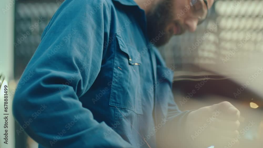 Repair shop worker in protective glasses using angle grinder and cutting metal pipe at the workbench, sparks flying around Repair shop worker in protective glasses using angle grinder and cutting metal pipe at the workbench, sparks flying around
