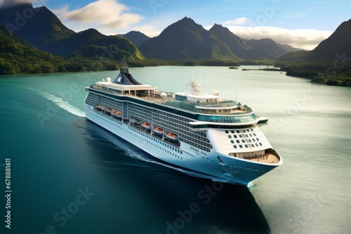 Aerial view of cruise ship sailing through tropical south seascape with stunning paradise islands