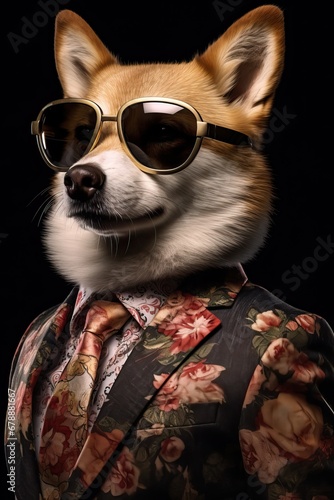 Dog, Corgi dressed in an elegant modern floral suit. Fashion portrait of an anthropomorphic animal, dog, posing with a charismatic human attitude © Eli Berr