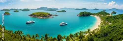 Aerial view of cruise ship sailing through idyllic south seascape with paradise islands