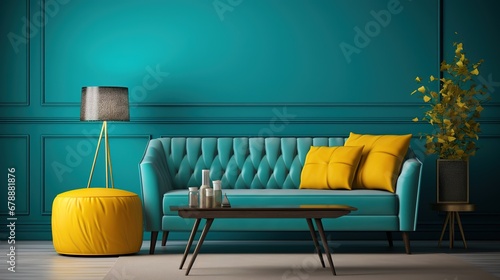 Retro Interior Design with Teal Sofa and Yellow Accent Chair