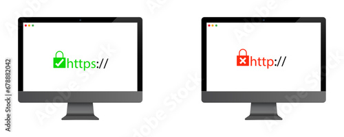 Http and https secure and insecure encryption ssl internet connection depicted on a modern monoblock computer eps10
