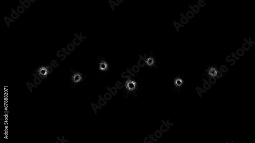Gun Shooting Trace - Sequence Wall Holes - Horizontal Line Shape - Realistic 3D animation isolated on black background - Blend with your media as Add, Screen, Overlay