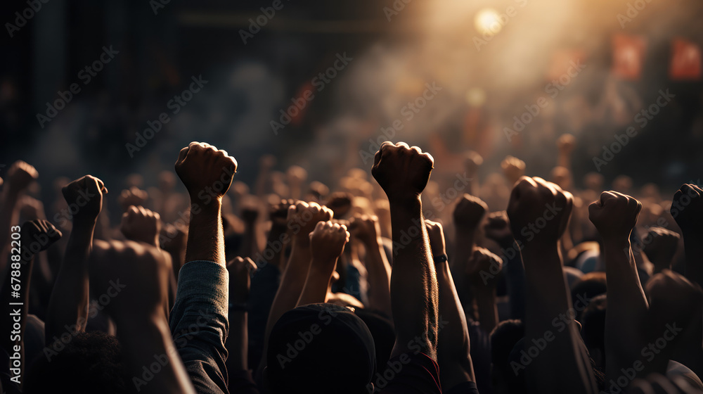 Fists rise together in the heart of the crowd - obrazy, fototapety, plakaty 
