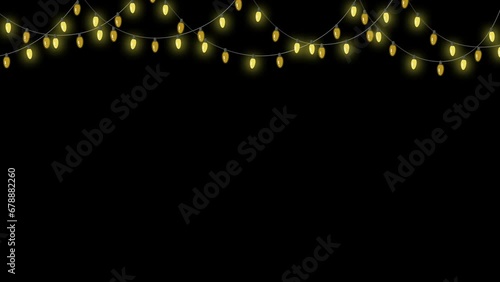 Christmas golden lights garland on black background. Glowing gold light bulbs. Xmas, New Year, wedding or Birthday decor. Winter holiday season animation fo party event decoration.