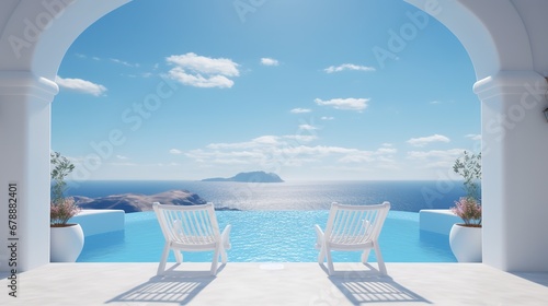 Two Deck Chairs on a Terrace with a Stunning Pool © Asad