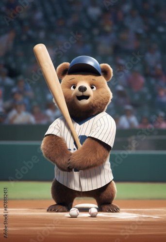 illustrazione con simpatico orsetto che impugna una mazza da baseball durante una partita photo
