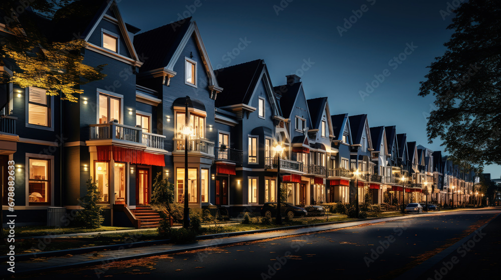 Obraz premium Townhouses line up, their dark facades whispering urban tales