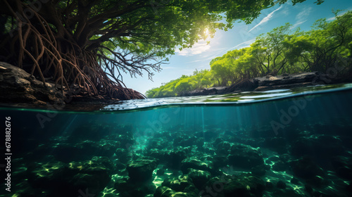 Aquatic glow  mangroves bask under the ethereal oceanic light