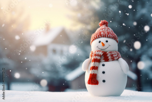 Cute little snowman in knitted hat and scarf standing outside on a winters day © spyrakot
