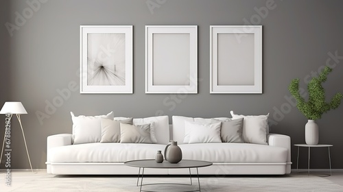 White Sofa and Posters Frames on Gray Wall