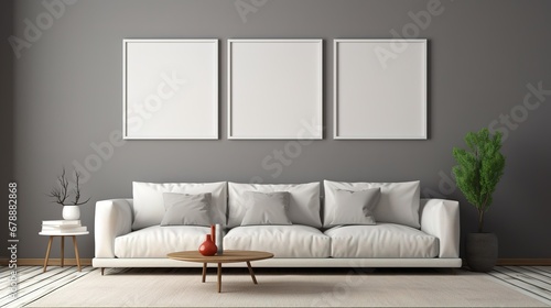 White Sofa and Posters Frames on Gray Wall