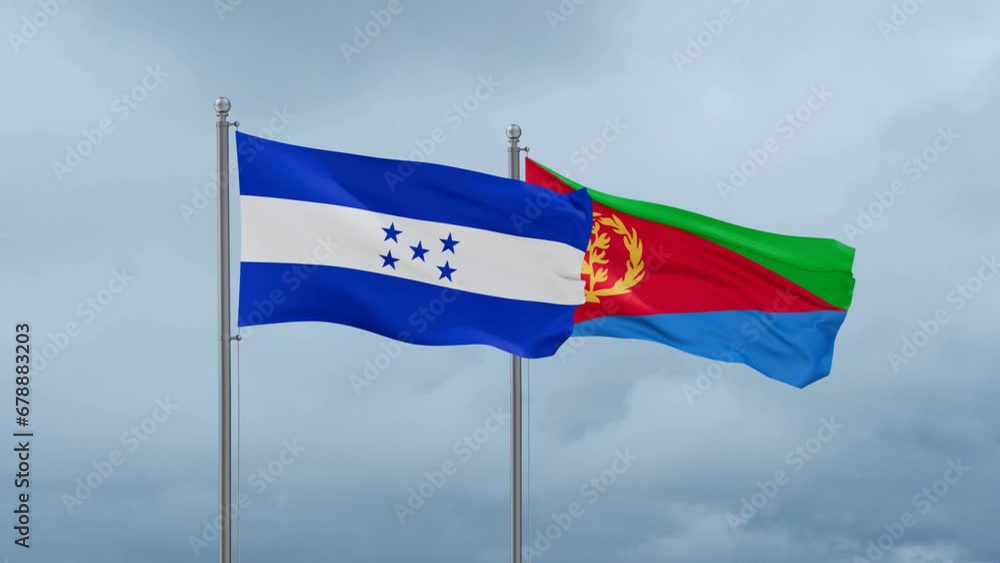 Eritrea and Honduras flag waving together on cloudy sky, endless seamless loop, two country cooperation concept Eritrea and Honduras flag waving together on cloudy sky, endless seamless loop, two country cooperation concept