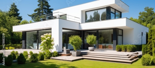 In the summer against a backdrop of a clear blue sky a modern house stands surrounded by nature with a lush green garden and tall trees creating a picturesque landscape The architecture is 