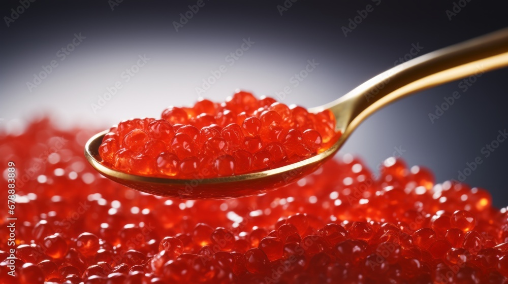 Red caviar in a spoon on a dark background close-up Red caviar in a spoon on a dark background close-up