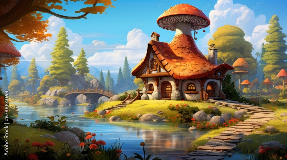 A cartoon giant magical mushroom house near lake A cartoon giant magical mushroom house near lake