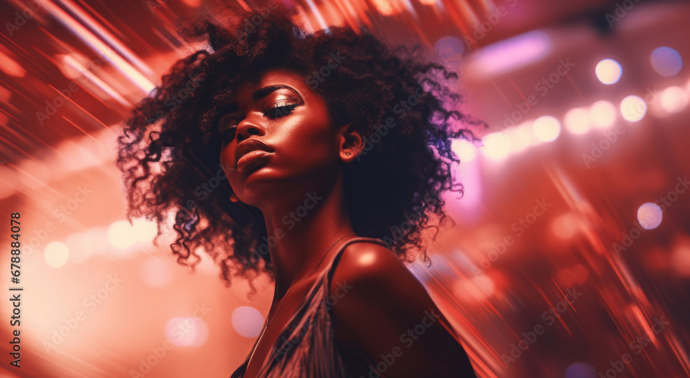 black african young woman in a night club with red light	
