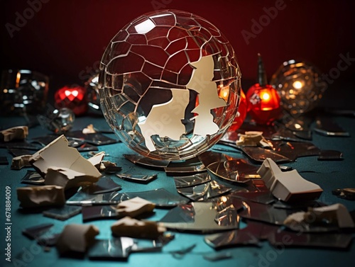 Christmas ball glass broken into pieces, photos and conceptual metaphor , AI generator