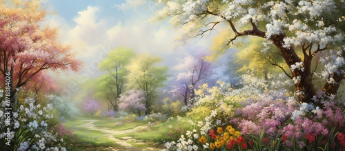 stunning summer landscape a lush green garden stood adorned with vibrant flowers and trees while white apple blossoms danced gently breeze displaying the beauty of natures colorful tapestry