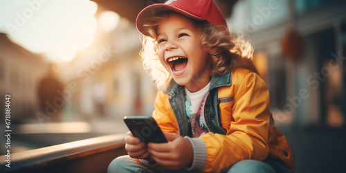 Happy little child with smartphone sitting outdoors.