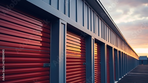 Generative AI, Mini colorful metal self storage facilities rental units, warehouse exterior, industry garage building...