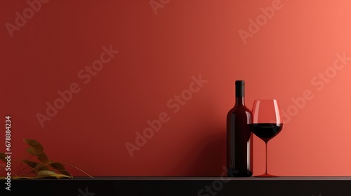 A glass of red wine and bottle on red background
