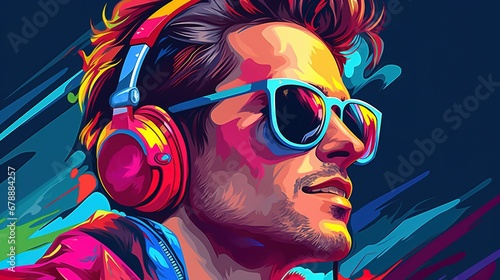 Young Man Wearing Headphones and Sunglasses Listening