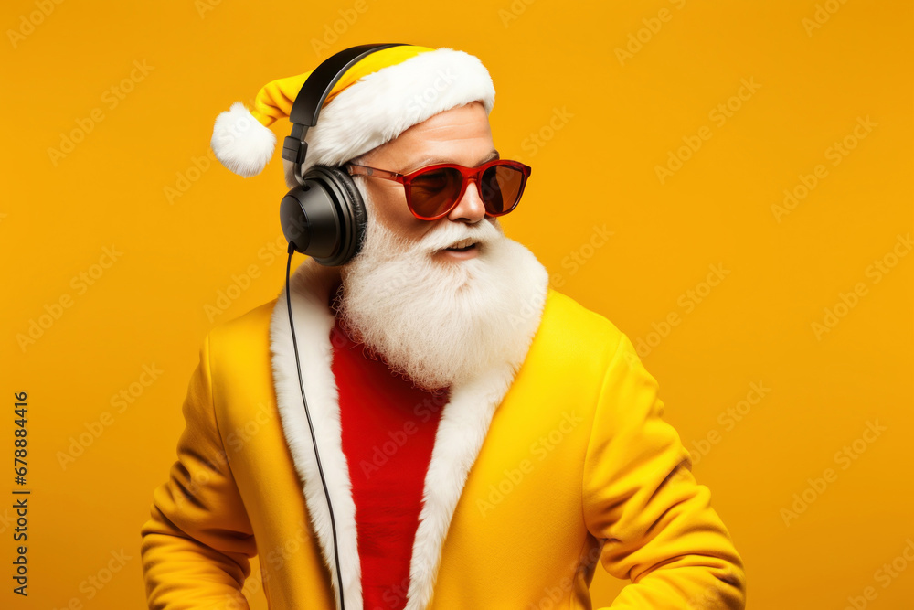 Cool trendy old man in sunglasses and headphones with white beard 
