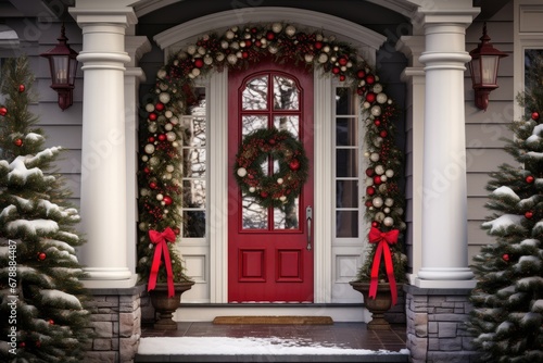 home entrance beautifully framed by snow dusted Christmas trees and a decorated wreath and arch with red accents
