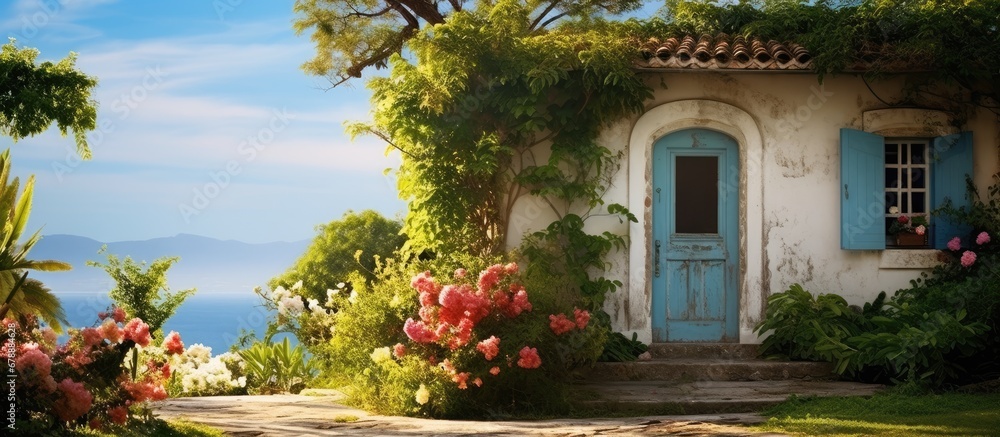 picturesque landscape an old house with a blue door stood proudly surrounded by a lush garden and overlooking the clear sky and sparkling waters evoking memories of summers past and a lifest