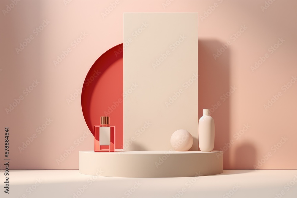 modern minimalist cosmetic display with geometric shapes and soft color tones modern minimalist cosmetic display with geometric shapes and soft color tones