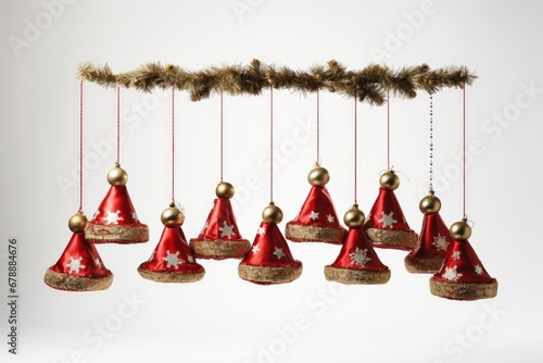 red Christmas bells hanging on a golden garland against a white background