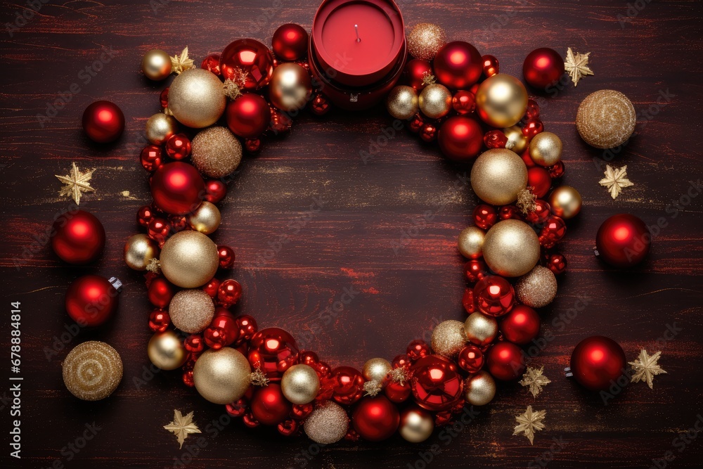 Top view Festive Christmas Wreath composition with Candles on Wooden table Top view Festive Christmas Wreath composition with Candles on Wooden table
