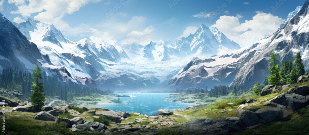 mesmerizing landscape of Svartisen a majestic glacier stands tall its icy white hues contrasting with the deep blue waters of the surrounding sea amidst a backdrop of snow capped mountains 