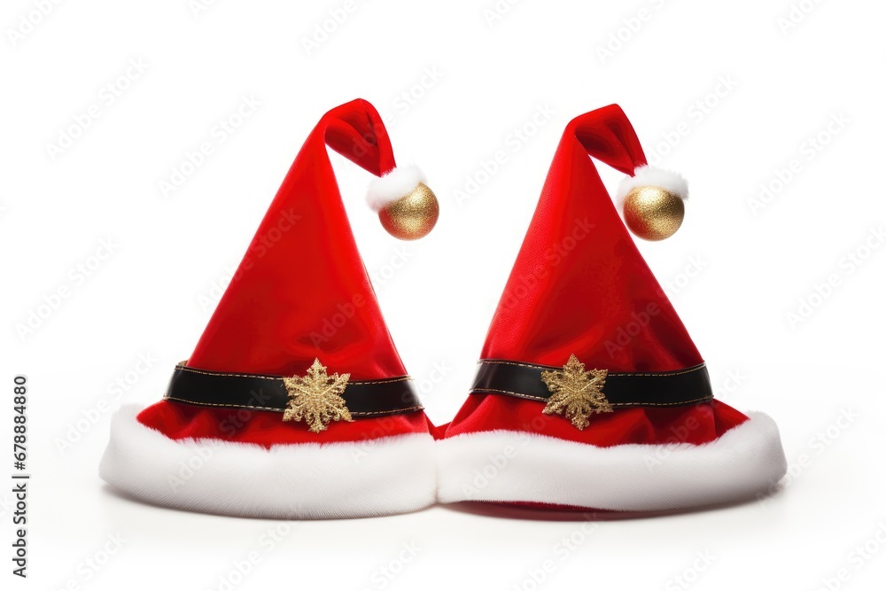 two red velvet Santa hats with white fur trim, gold snowflakes on the black straps, and gold jingle bells hanging from the tips, on a white background two red velvet Santa hats with white fur trim, gold snowflakes on the black straps, and gold jingle bells hanging from the tips, on a white background
