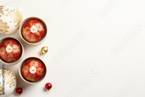 Top view Festive red and gold candles on a white background