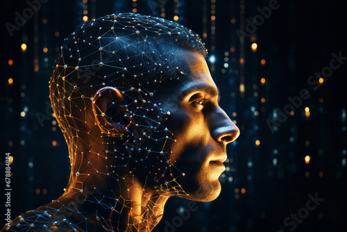 Side profile of beautiful young man male face on dark background illuminated by glowing neon digital nodes and interconnected ways. Artificial intelligence concept