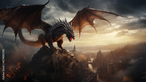 Realistic image of huge dragon with open wings flying in the sky. Action shot. Cinematic colors and sharp details of a dragon with open mouth. photo