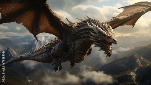 Realistic image of huge dragon with open wings flying in the sky. Action shot. Cinematic colors and sharp details of a dragon with open mouth.