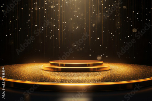 Golden circle round stage base in night concert hall on shimmering bokeh background. Music award concept
