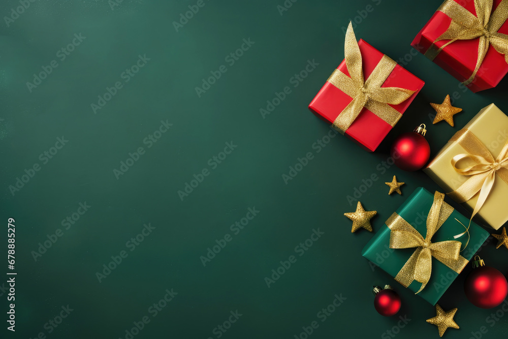 Christmas balls, presents and golden stars on green background Christmas balls, presents and golden stars on green background